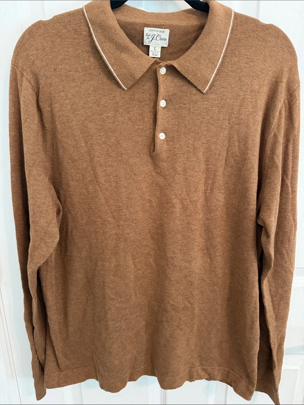 J. Crew Men's Long-Sleeve Polo in Rust Brown with Contrast Trim